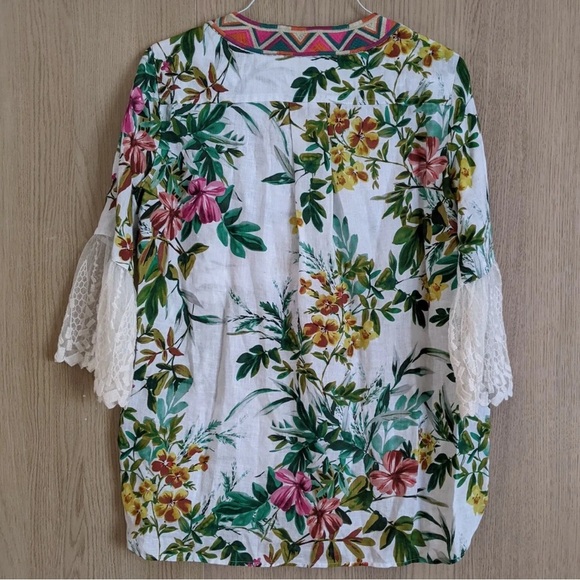 JOHN MARK Women Tunic Top Tropical Vacation Floral Embroidered Linen Lace, Sz M - Picture 6 of 7